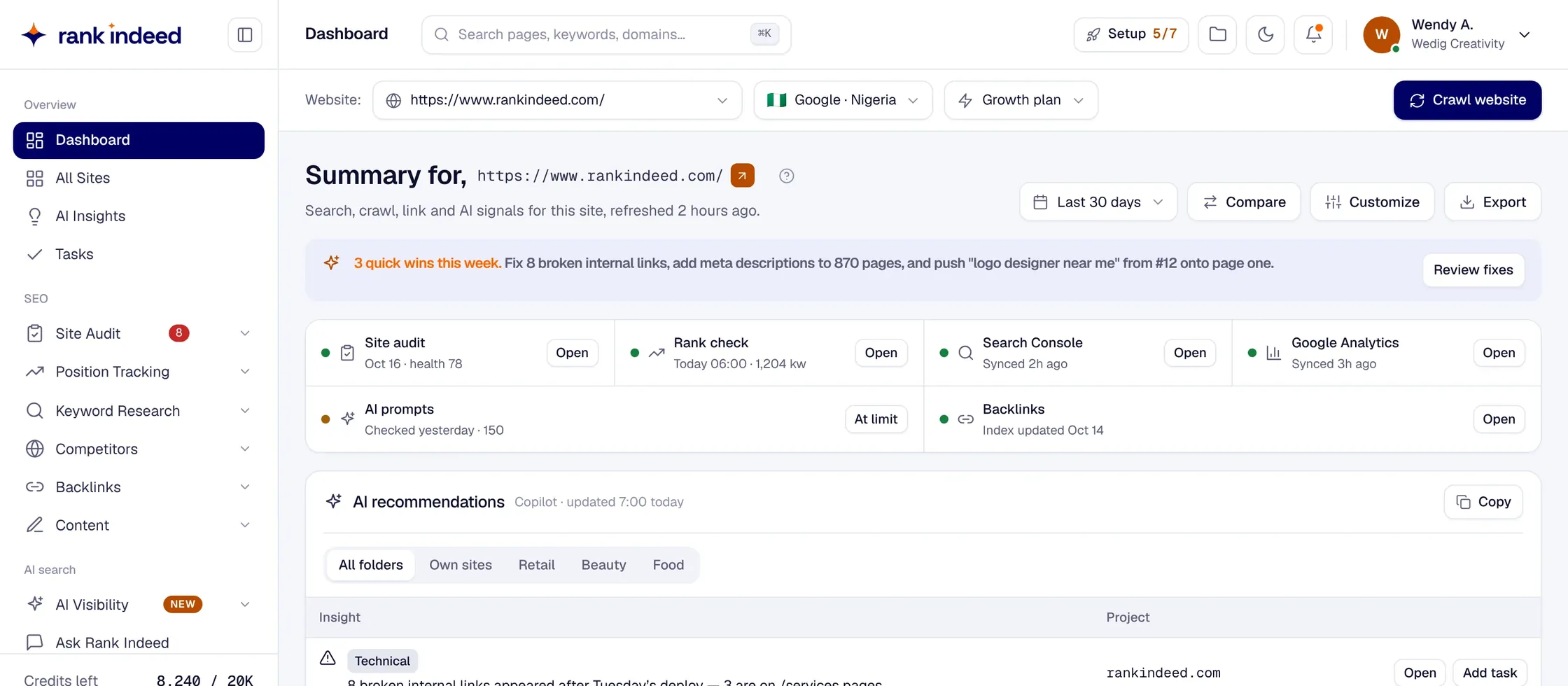 The Rank Indeed dashboard: site health, rank checks and alerts across every project